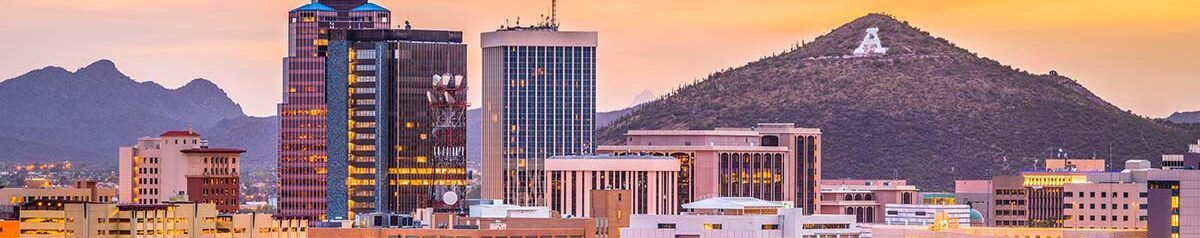 tucson arizona downtown view with A-Mountain Sunset backdrop