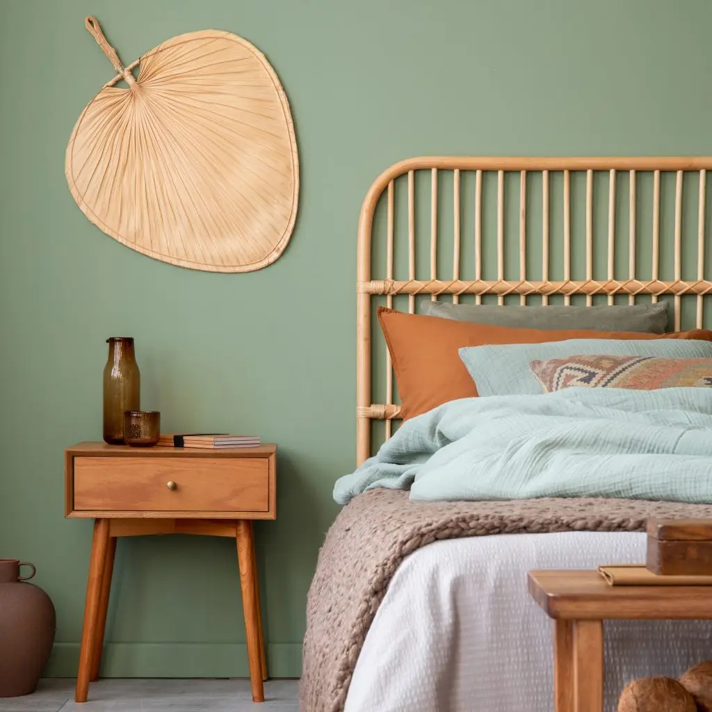 Elegant bedroom interior design with bamboo bed, modern bedcloth