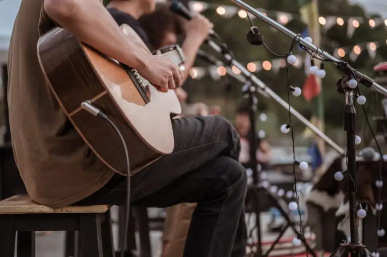 The musician plays and the lead singer sings on stage at the music festival. Concert,mini concert and music festivals.