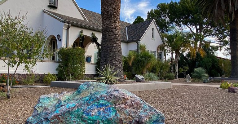 Robin Singer Realtor Tucson Arizona Sam Hughes Community Exploration Colorful Desert Stone leads your eye to a beautiful home with peaked roofs